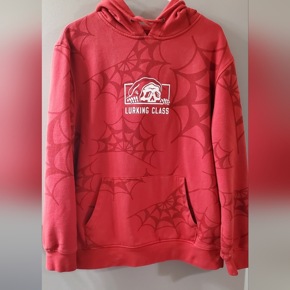 Lurking Class Red Spiderweb Hoodie With Logo On Front Of Hoodie. Sz L